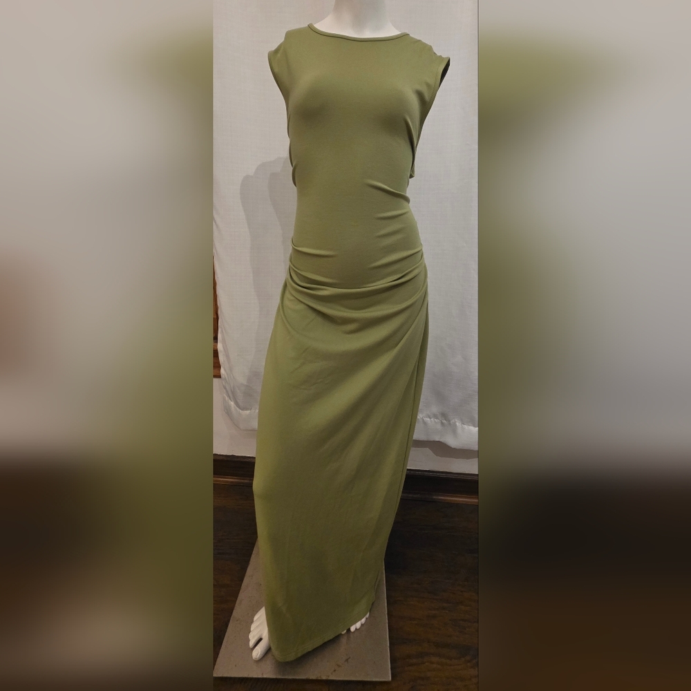 Sleeveless Olive Green Ruched Maxi Skirt Dress